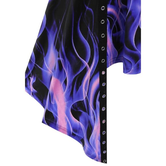 Gothic Black & Purple Flame Dress Studded Straps & Zip Detail Asymmetrical Hem M - Picture 5 of 6